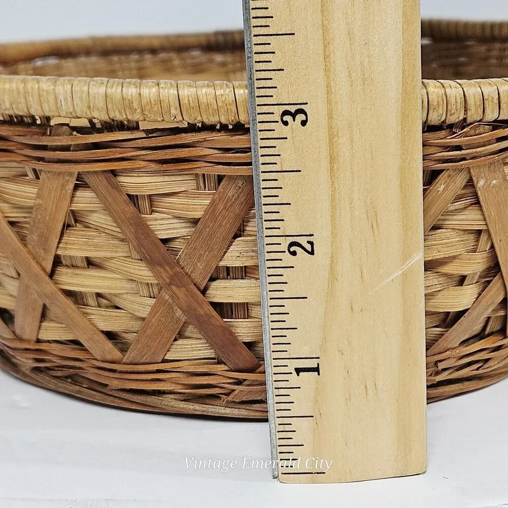 Vtg Round Open Woven Wicker Ratan Basket Catch All Bread Boho Decor MCM Handmade